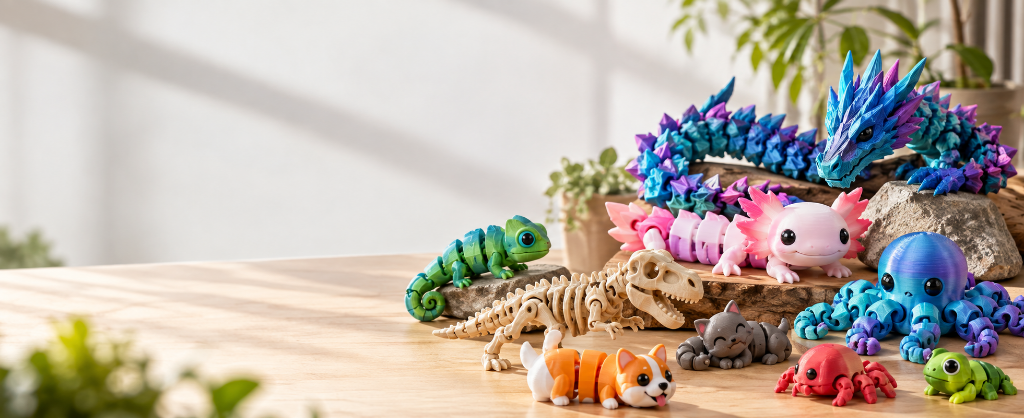Colección de figuras 3D articuladas: dragones, ajolotes, t-rex y camaleones